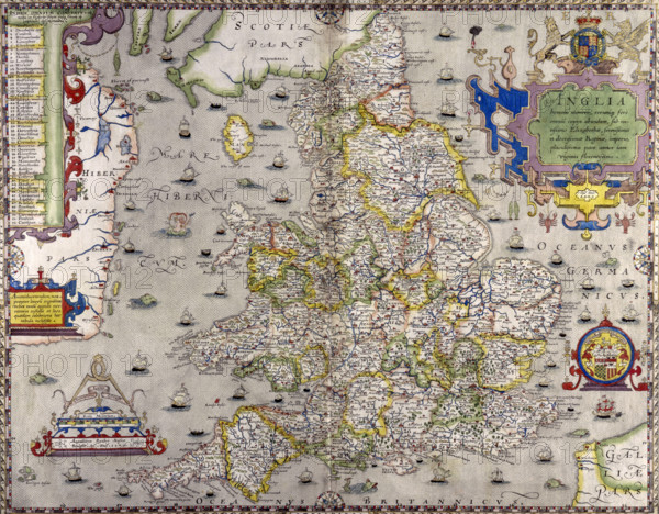 A map of England and Wales, 1583. The various main cities and towns have been numbered and listed on the left. The eastern coastline of Ireland (Hiberniæ), and the main towns along it have been highlighted. In the bottom right corner is part of the French coast. The surrounding waters are filled with boats of all sizes, sea monsters, fish, and even a mermaid with Neptune (to the left of Holyhead).